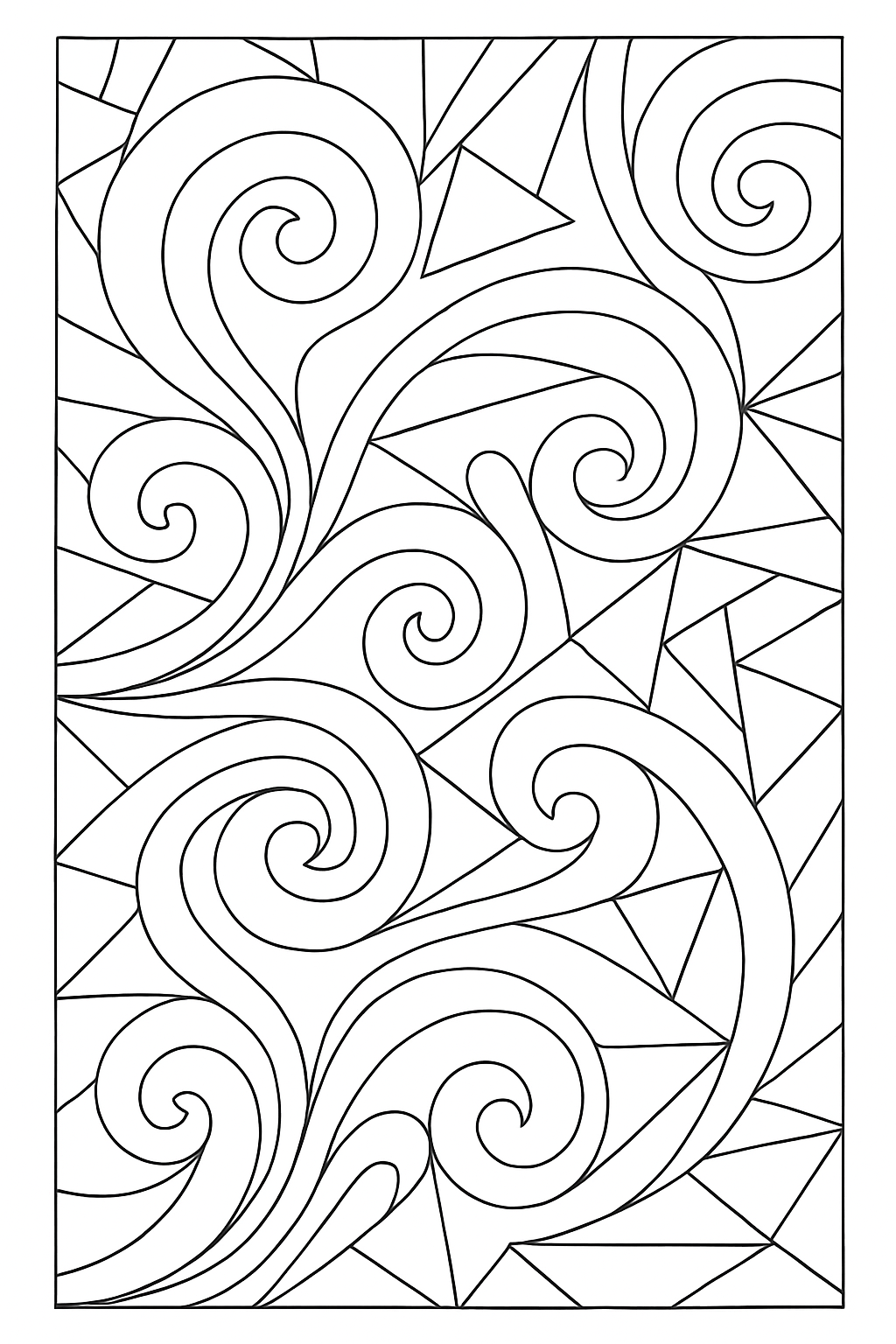 A peaceful abstract geometric coloring page featuring flowing shapes and patterns.