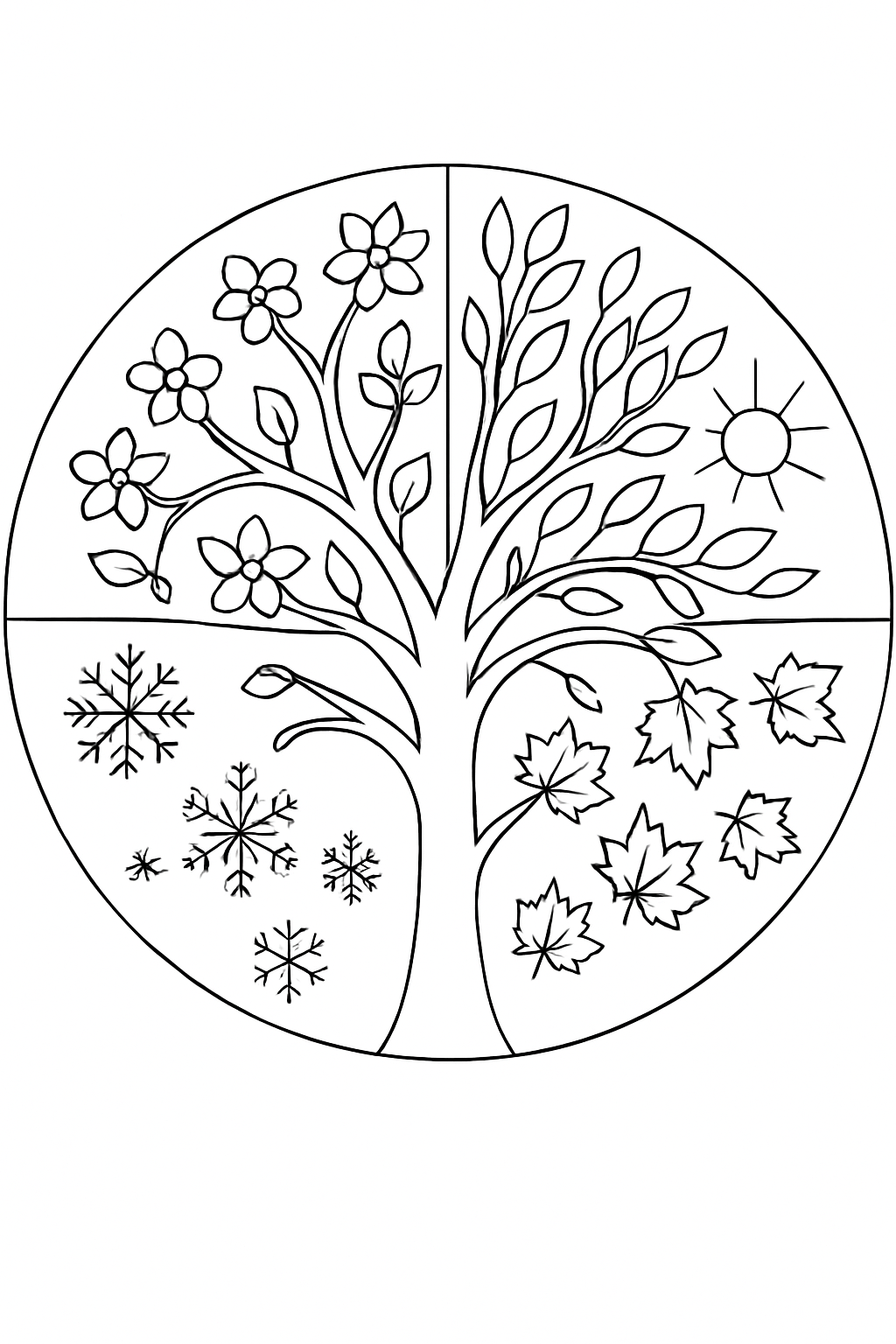 Detailed four seasons tree coloring page featuring seasonal symbols in each quadrant.
