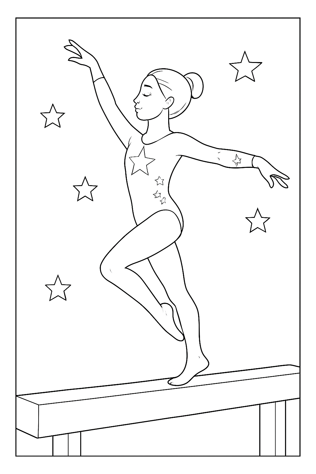 A detailed gymnastics coloring page featuring a young athlete performing a routine on a balance beam.