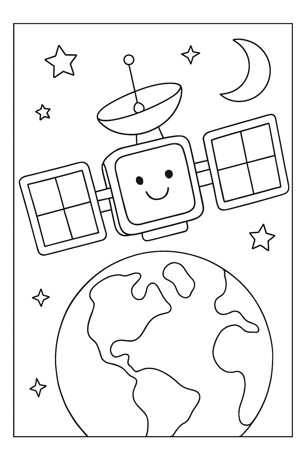 A friendly satellite in orbit, featured on a satellite coloring page with simple, clean black and white lines.