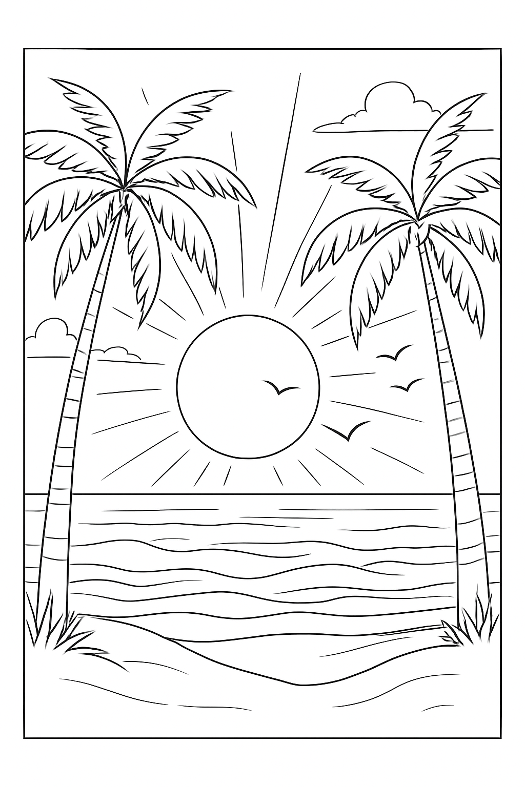 A peaceful sunset nature coloring page featuring ocean waves and silhouettes.