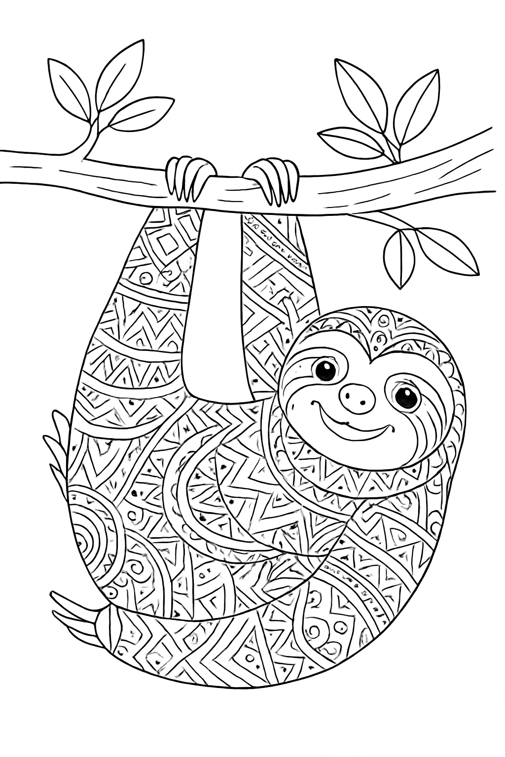 A cute sloth with tribal pattern fur design on a printable coloring page.