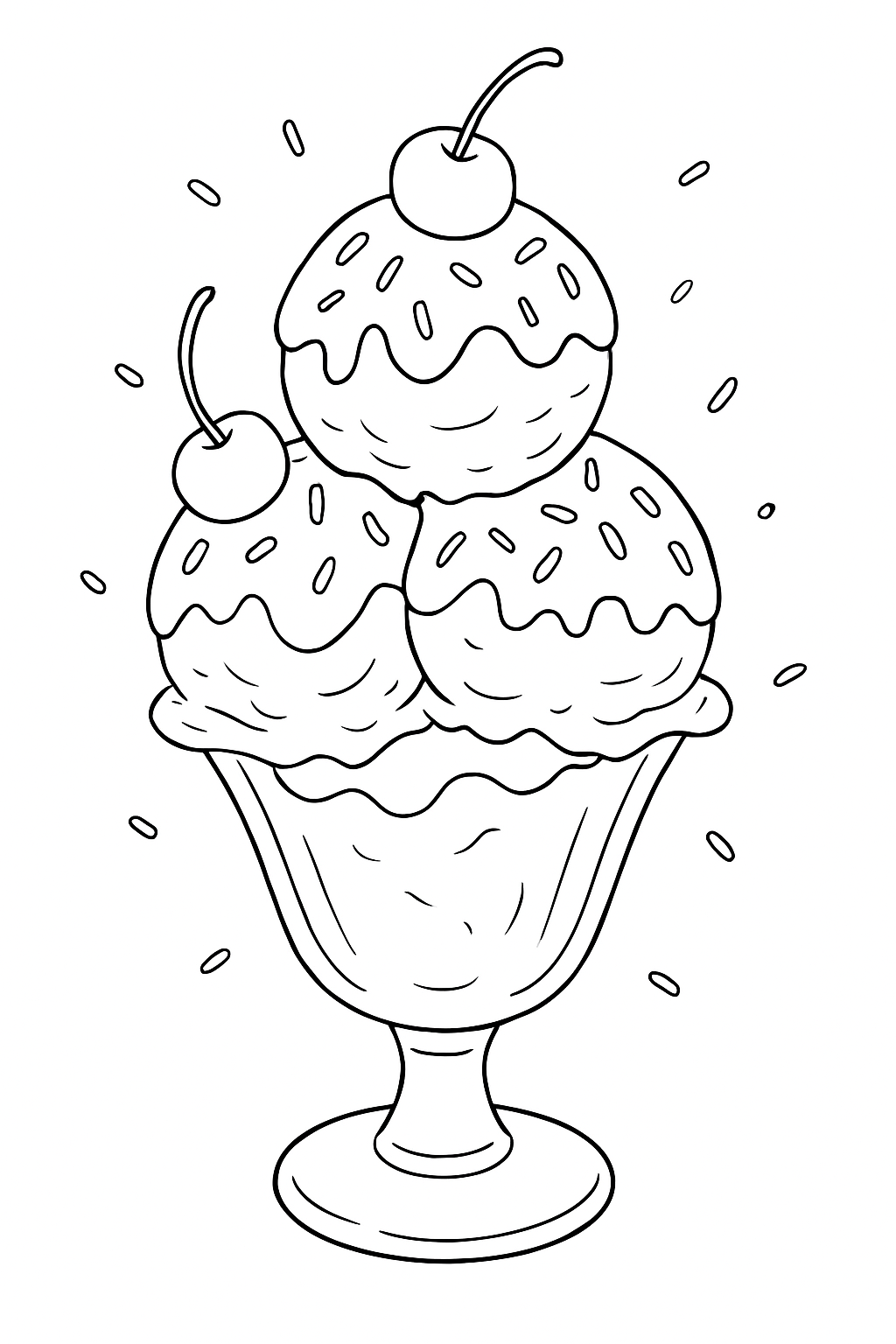 A large triple-scoop ice cream cone on an ice cream coloring page with bold black outlines.