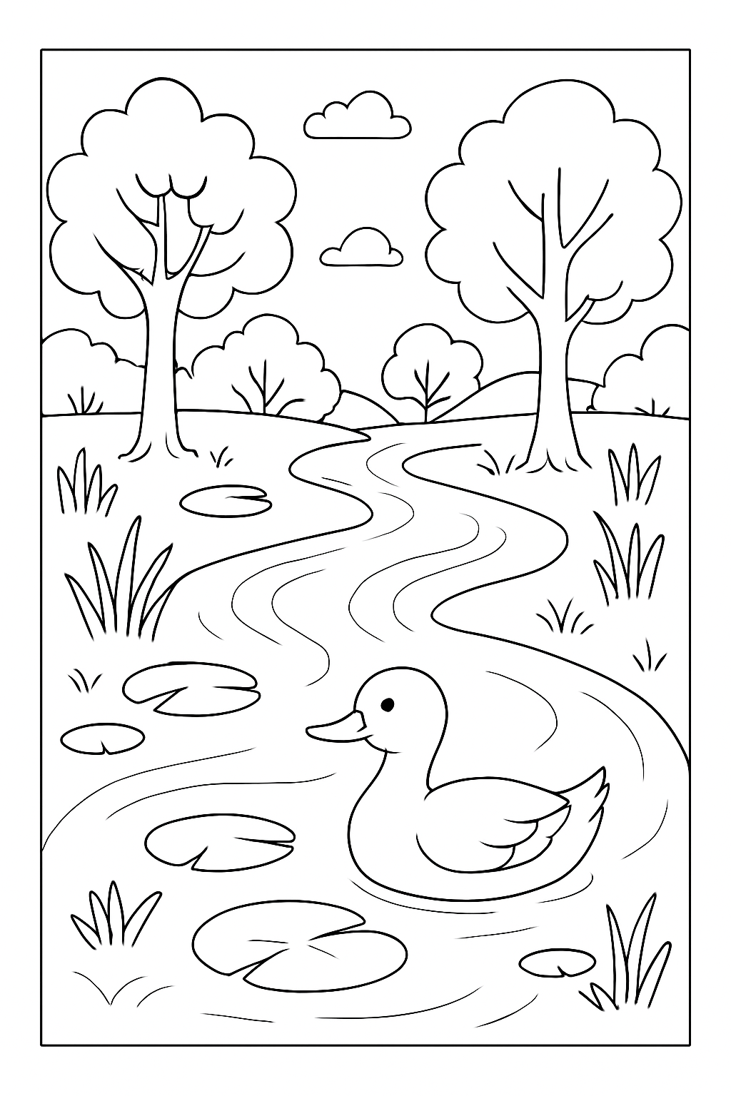 A peaceful river nature coloring page featuring trees and wildlife.