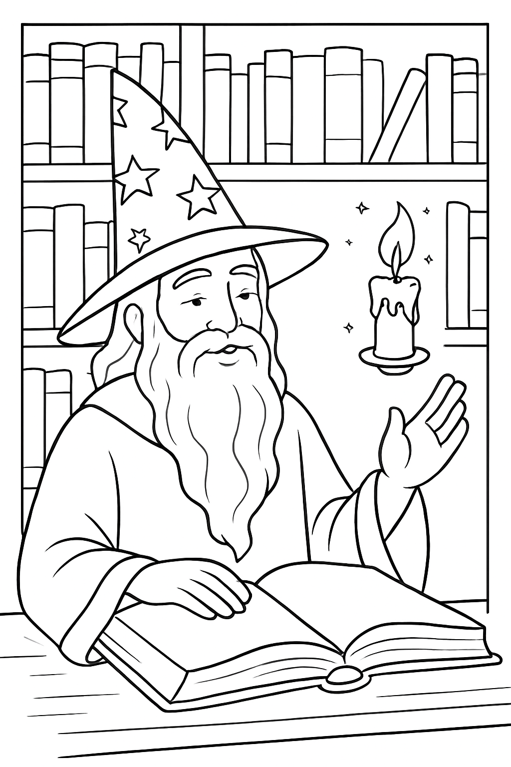 A kind wizard in a library on a printable wizard coloring page.